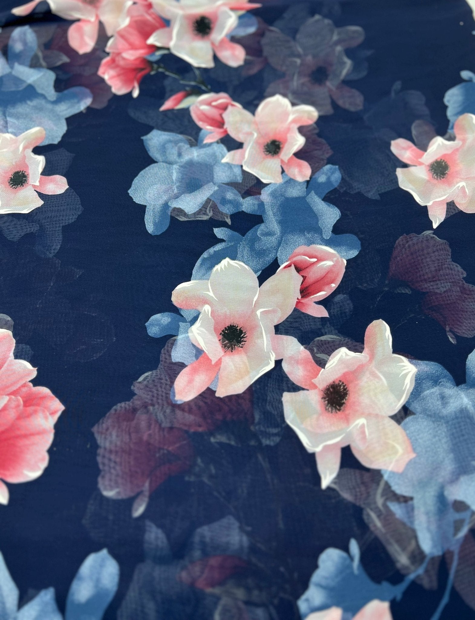 Navy Blooms Floral Printed Chiffon Dress Fabric - T9 Fabrics